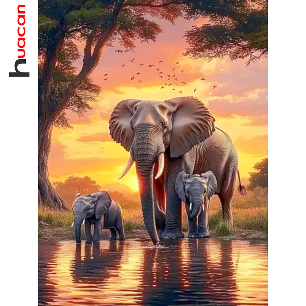Resin Art Wallpaper - Huacan Elephant Sunset Landscape Diamond Mosaic